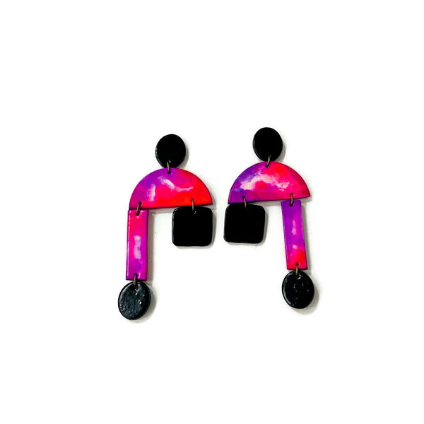 80s Oversized Clip On Earrings in Marble Hot Pink & Black