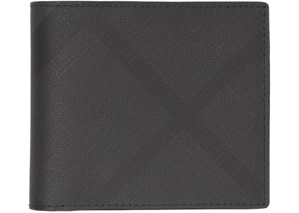 Burberry International Bifold Wallet London Check and Leather (8 Card Slot) Dark Charcoal in Leather