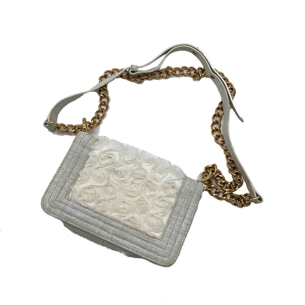 vintage white leather cross body chain bag with metal strap perfect for a bride