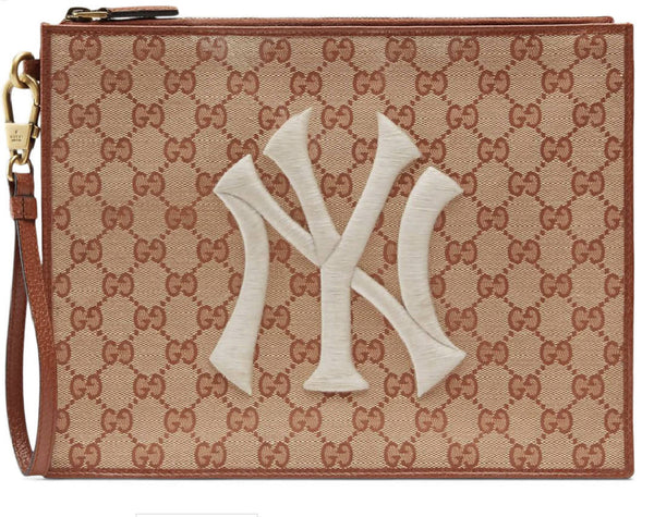 Gucci NY Yankees Patch Pouch GG Beige/Brick Red in Canvas with Gold-tone