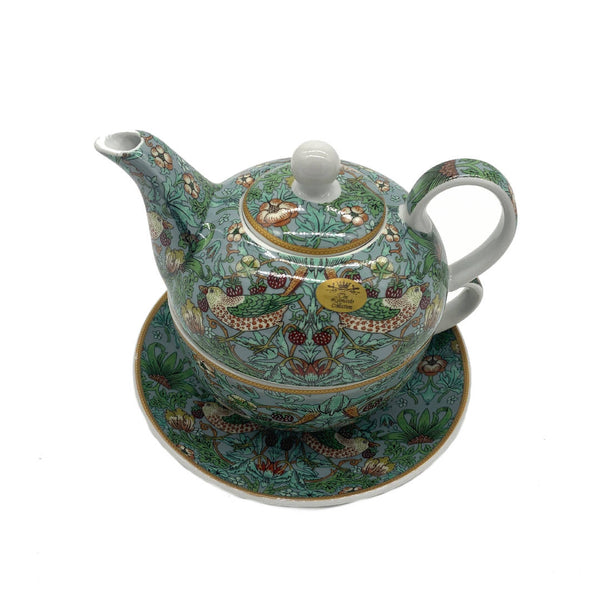 William Morris, Strawberry Thief Art deco style teapot and cup saucer gift set