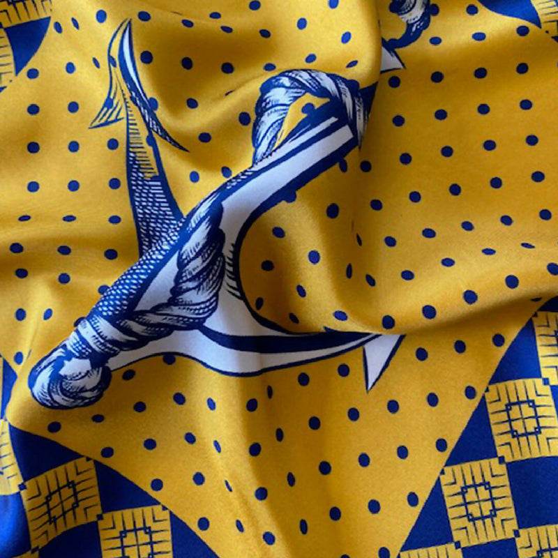 SILK POCKET SQUARE ANCHORS AWEIGH BLUE YELLOW