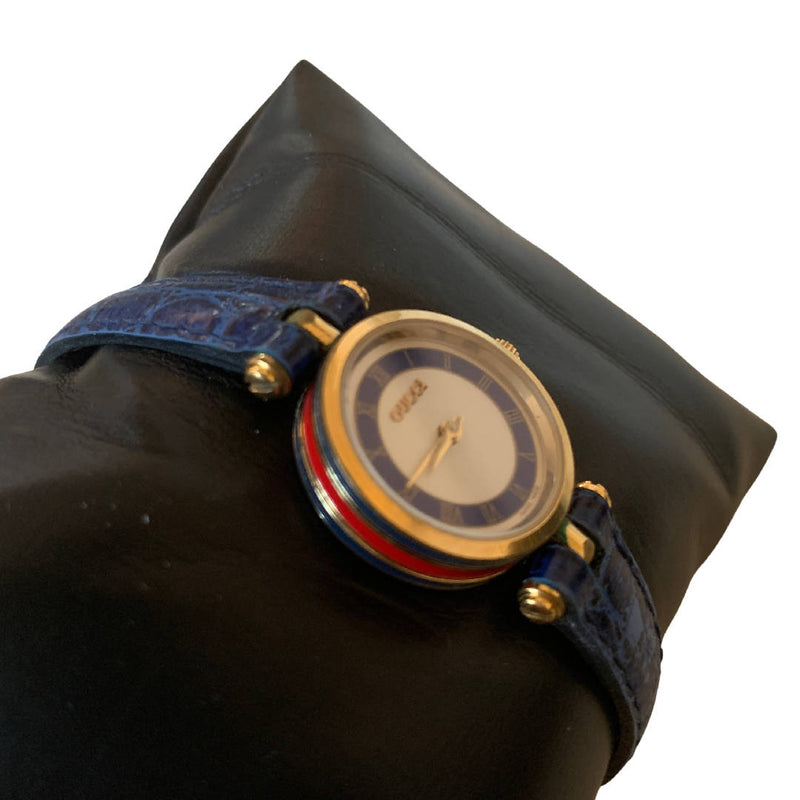 Rare Vintage Gucci Watch in navy gold plated leather strap