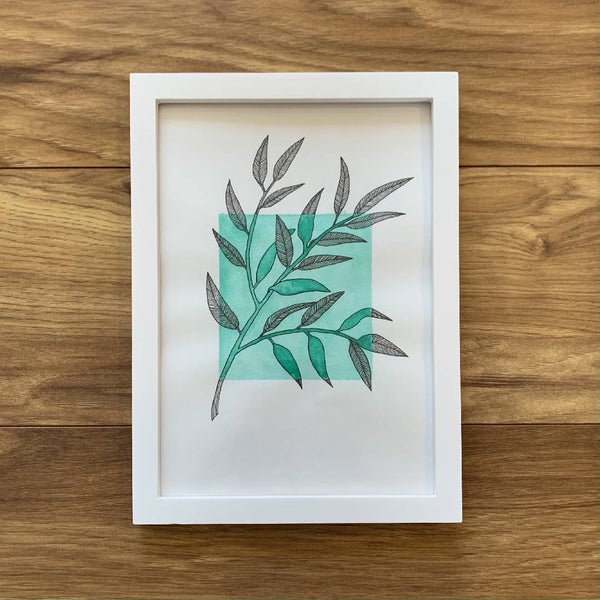 Green Watercolour Black Ink Painting Wall Decor in a White Wooden Frame