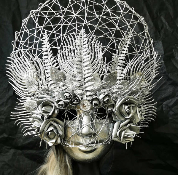 Headdress Masquerade mask. Large silver FLOWERS Catrina mask. Day of the dead mask. Dia de Muertos art mask carnival Halloween mask silver