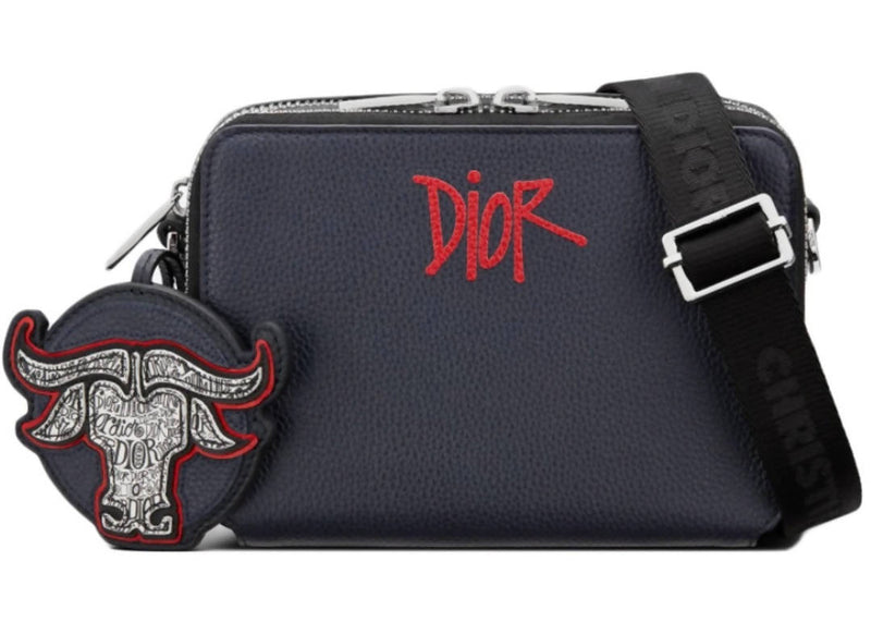Dior And Shawn Pouch with Shoulder Strap Navy in Grained Calfskin with Silver-tone