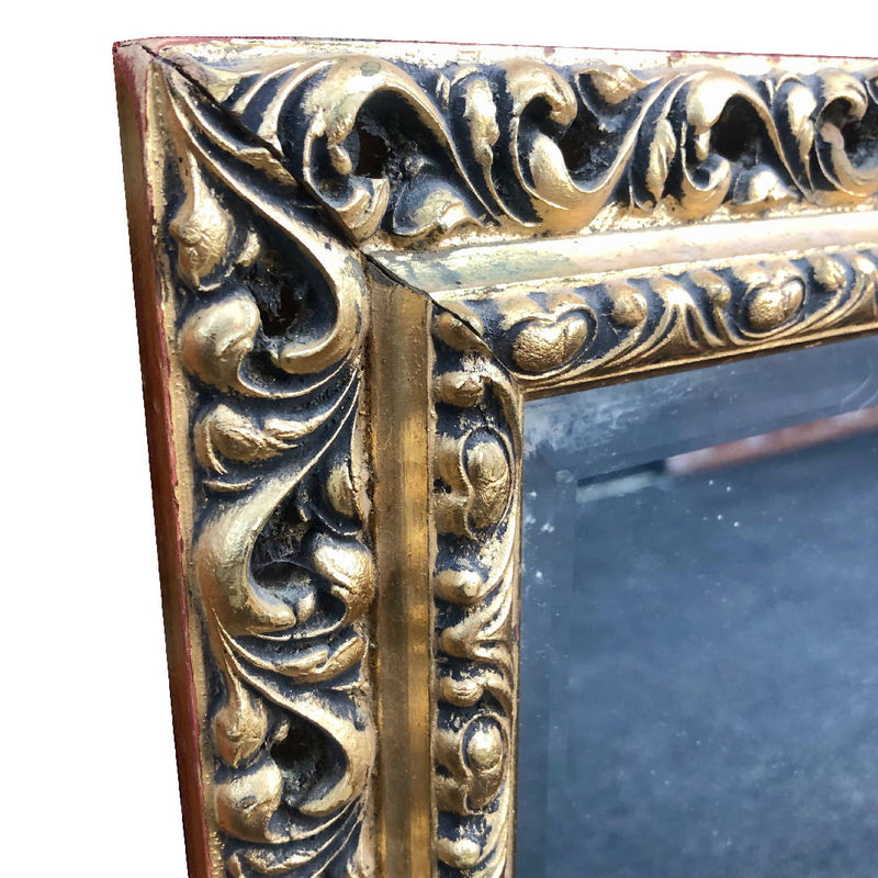 Vintage brass color carved floral wooden framed wall mirror
