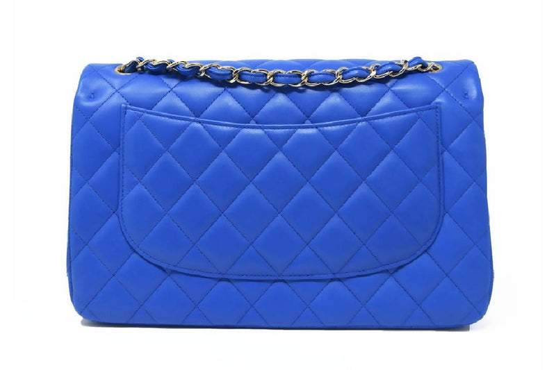 Chanel Double Flap Quilted Lambskin Gold-tone Jumbo Bright Blue