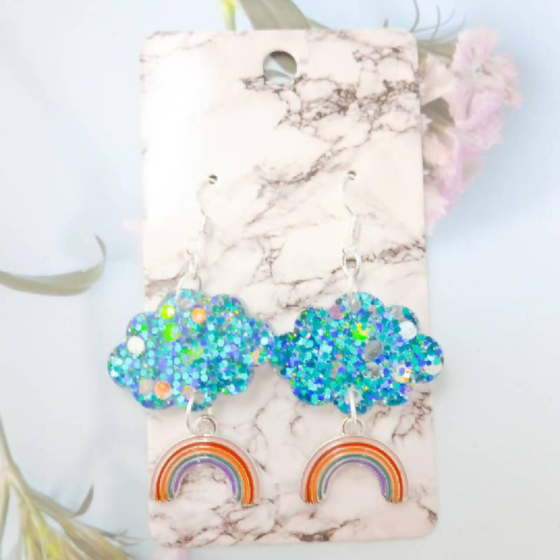 Glitter Resin Cloud and Rainbow Dangle Earrings by Roelene