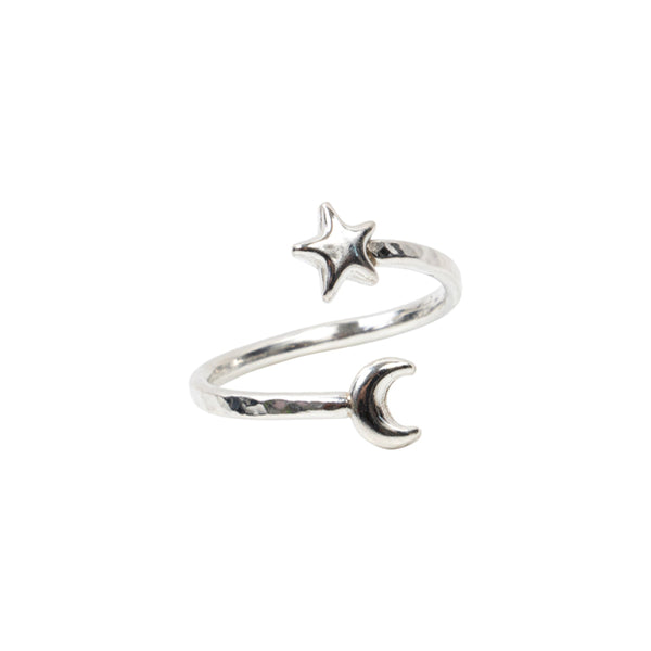 Moon and Star Adjustable Ring Sterling Silver