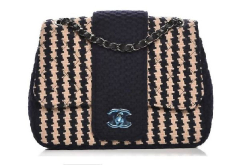 Chanel Elementary Chic Flap Small Dark Blue/Beige in Tweed with Dark Silver-Tone