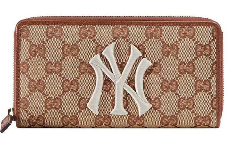 Gucci Zip Around Wallet NY Yankees Patch GG Beige/Brick Red in Canvas with Gold-tone
