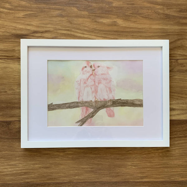 Bright Sky Pink Birds Watercolour Painting Wall Décor in a White Wooden Frame