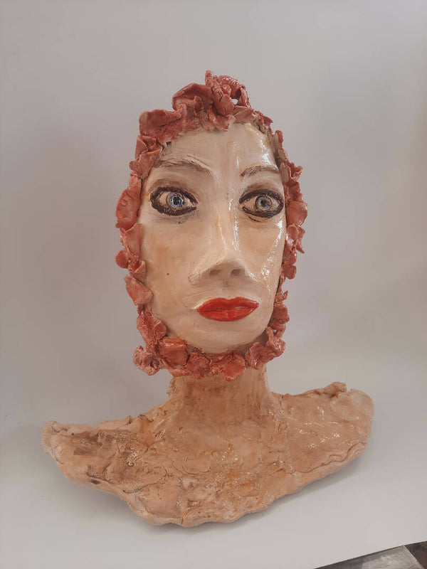 Hand Built Ceramic Bust - Emotional Red