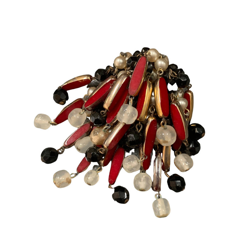 Vintage statement brooch with red, black, faux pearl bead tassles