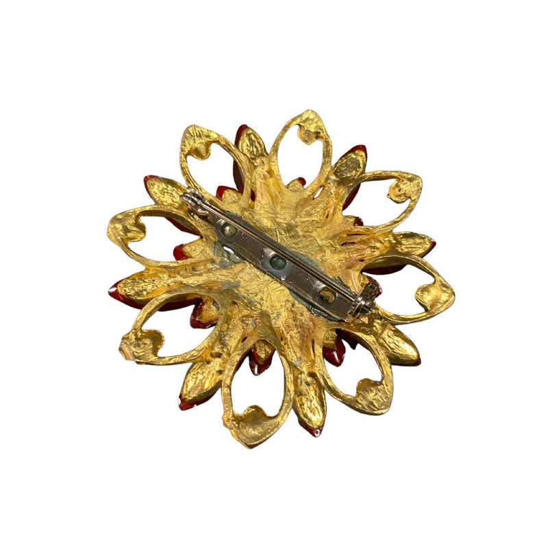 Vintage Red Glass Flower statement brooch with faux diamonds