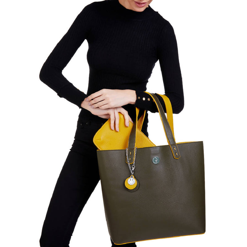 The Morphbag by GSK REVERSIBLE VEGAN TOTE IN KHAKI GREEN AND MUSTARD YELLOW