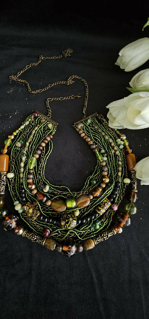 Ethnic ukrainian neclace, Ukraine namysto, Statement green and brown necklace, Vyshyvanka accessory, Made in Ukraine, jewelry handmade UA