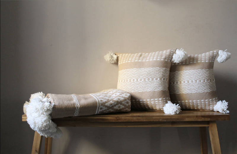 Moroccan Handwoven jacquard bed blanket beige set