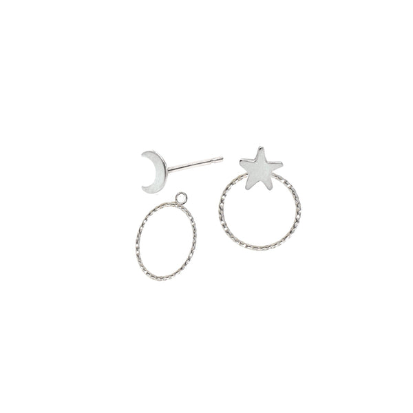 Moon and Star Stud Earrings and Ear Jackets Sterling Silver