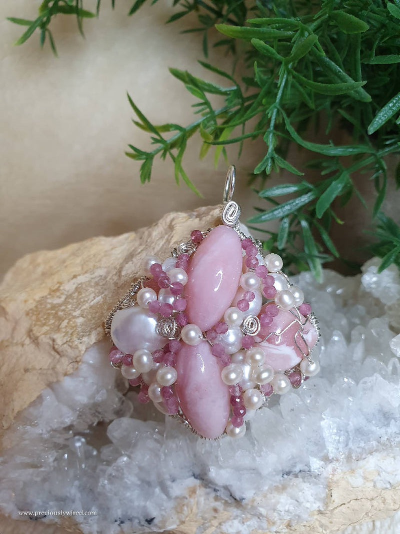 Pink Opal Tourmaline Pearl Sterling Wire Wrapped Diamond Pendant by Preciously Wired