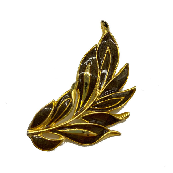 vintage decorative leaf shaped brooch in brown and gold