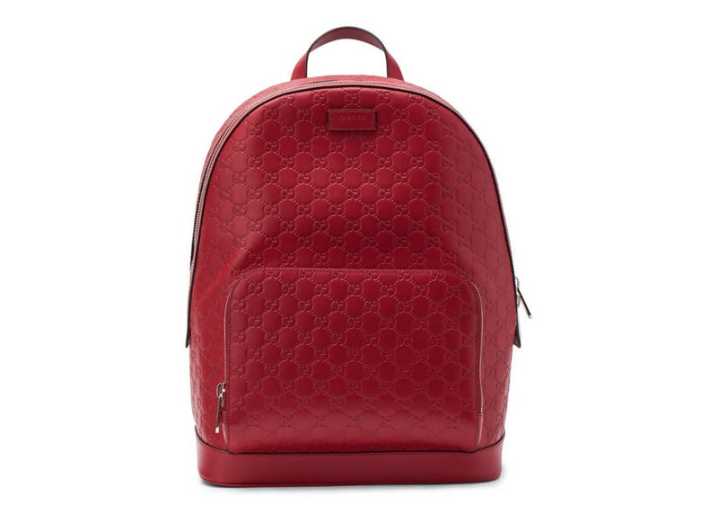 Gucci Signature Backpack Monogram GG Front Zipper Pocket/Embossed Hibiscus Red