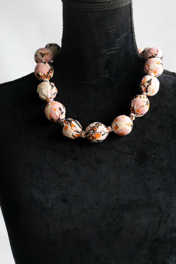 Bold & Beautiful, PINK Floral, Fabric-Wrapped Bead Necklace