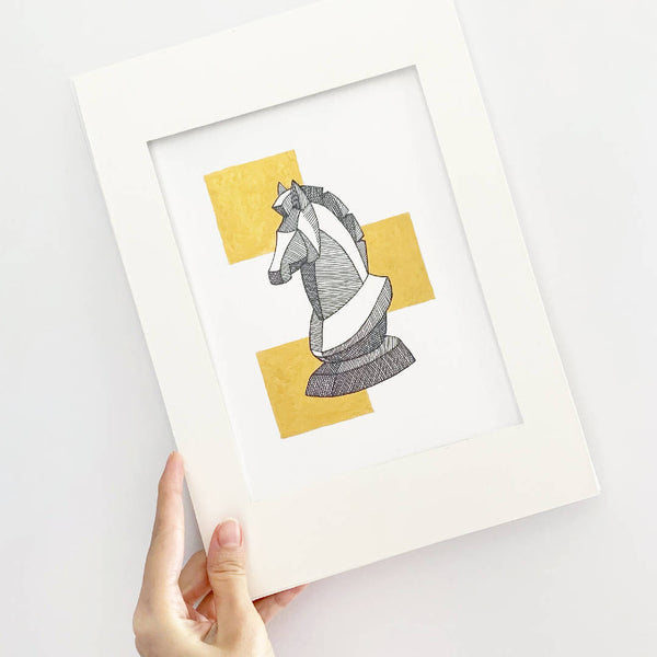 Metallic Gold Watercolour Black Ink Chess Horse Painting Wall Decor in a White Wooden Frame