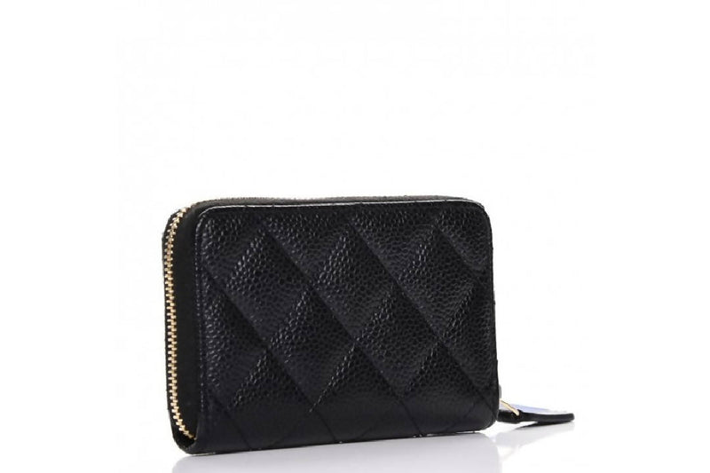 Chanel CC Pearl Coin Card Holder with Chain Quilted Caviar Black