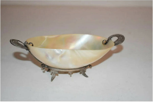 Antique Mother of Pearl Shell & sterling Silver Filigree Serving Bowl Caviar Dish