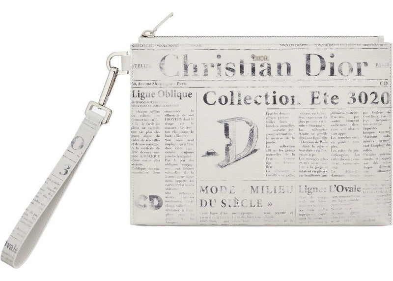 Dior x Daniel Arsham Zip Pouch Newspaper Print Grained Calfskin White in Grained Calfskin with Palladium-tone