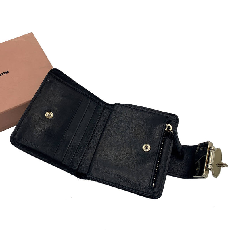 Vintage Miu Miu black patent leather wallet with silver lock closure, with original box and keys