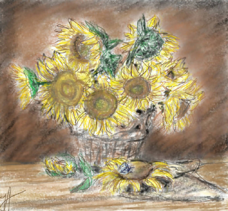 "Sunflowers" - Original Sketch Glass Print