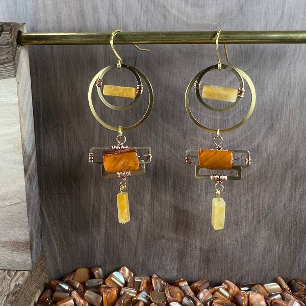 Yellow Jade + Burnt Orange Mother of Pearl + Gold Necklace and Earring Set