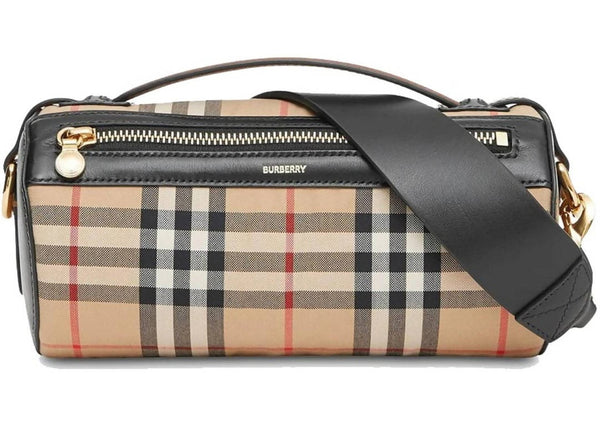 Burberry The Vintage Check and Leather Barrel Bag Archive Beige/Black in Cotton with Gold-tone