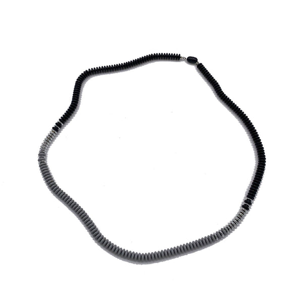 Minimal and futuristic vintage flat saucer beads long silver black necklace