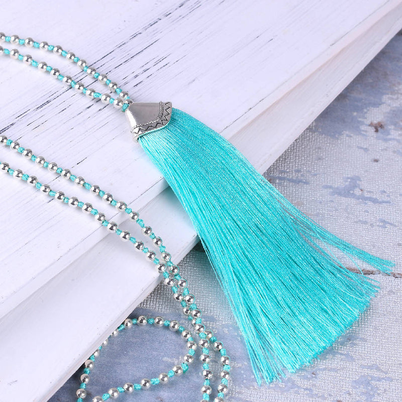 KELITCH Tassels Necklace for Women 925 Silver Beads Chains Necklace Handmade Long Silver Beaded Necklace