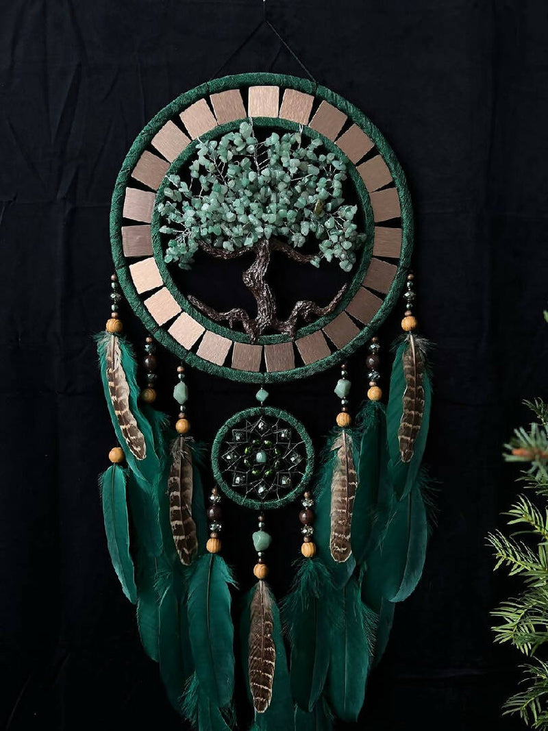 Green brown natural dreamcatcher, Dreamcatcher large Christmas gift for girl, Native American inspired, Large Green Boho jade gemstone dreamcatchers