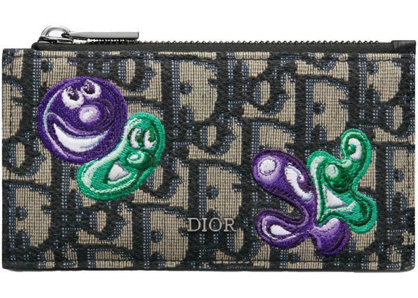 Dior x Kenny Scharf Zipped Card Holder Beige/Black in Jacquard Canvas with Ruthenium-finish Brass