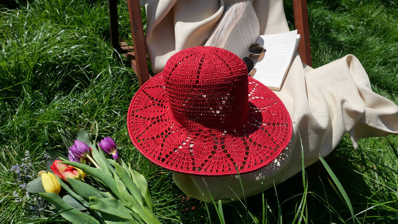Burgundy linen tulip hat, cottagecore sun hat, crochet garden handmade hat, bonnet hat, summer hat for women, wide brim hat with floppy brim