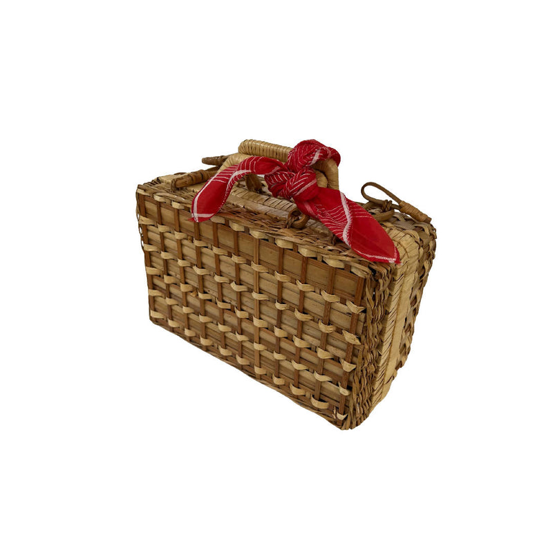 Vintage 1960's Bamboo Mini Wicker Picnic Bag with Red Scarf