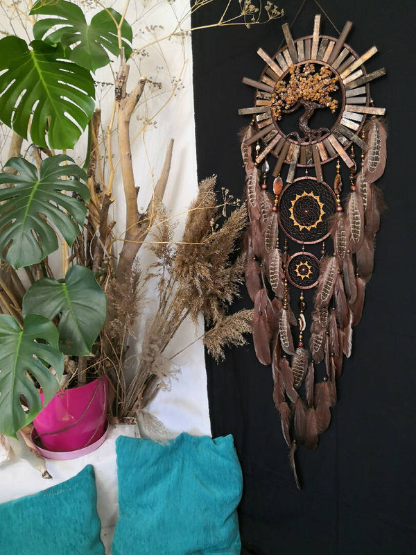 Large Dream catcher, Tree of life large brown Dreamcatcher wall hanging, Brown Dream catcher, Crystal wire Tree of Life Natural Dreamcatcher