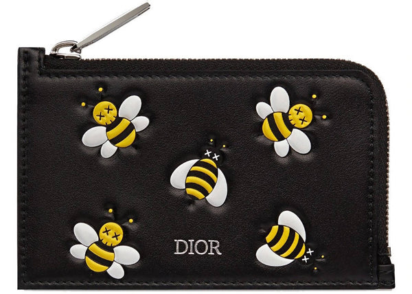 Dior x Kaws Zipped Card and Coin Holder Yellow Bees Black in Calfskin with Silver-tone