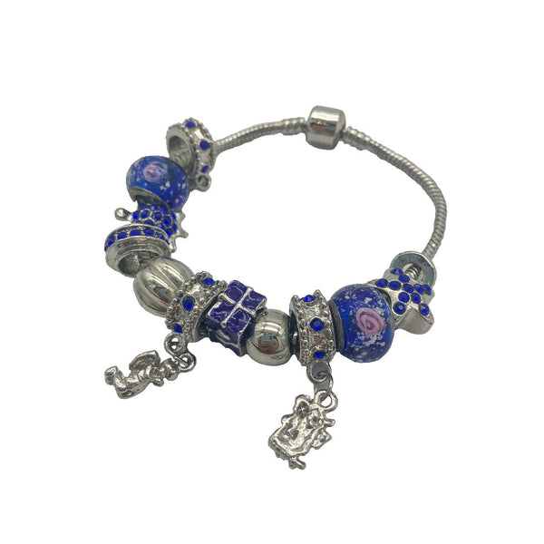 New beautiful coble blue glass beads, jewels and silver charm bracelet